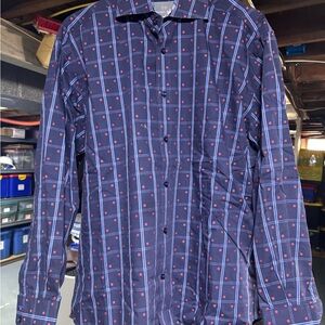 Thomas Dean Dark Blue and Red Patterned Shirt